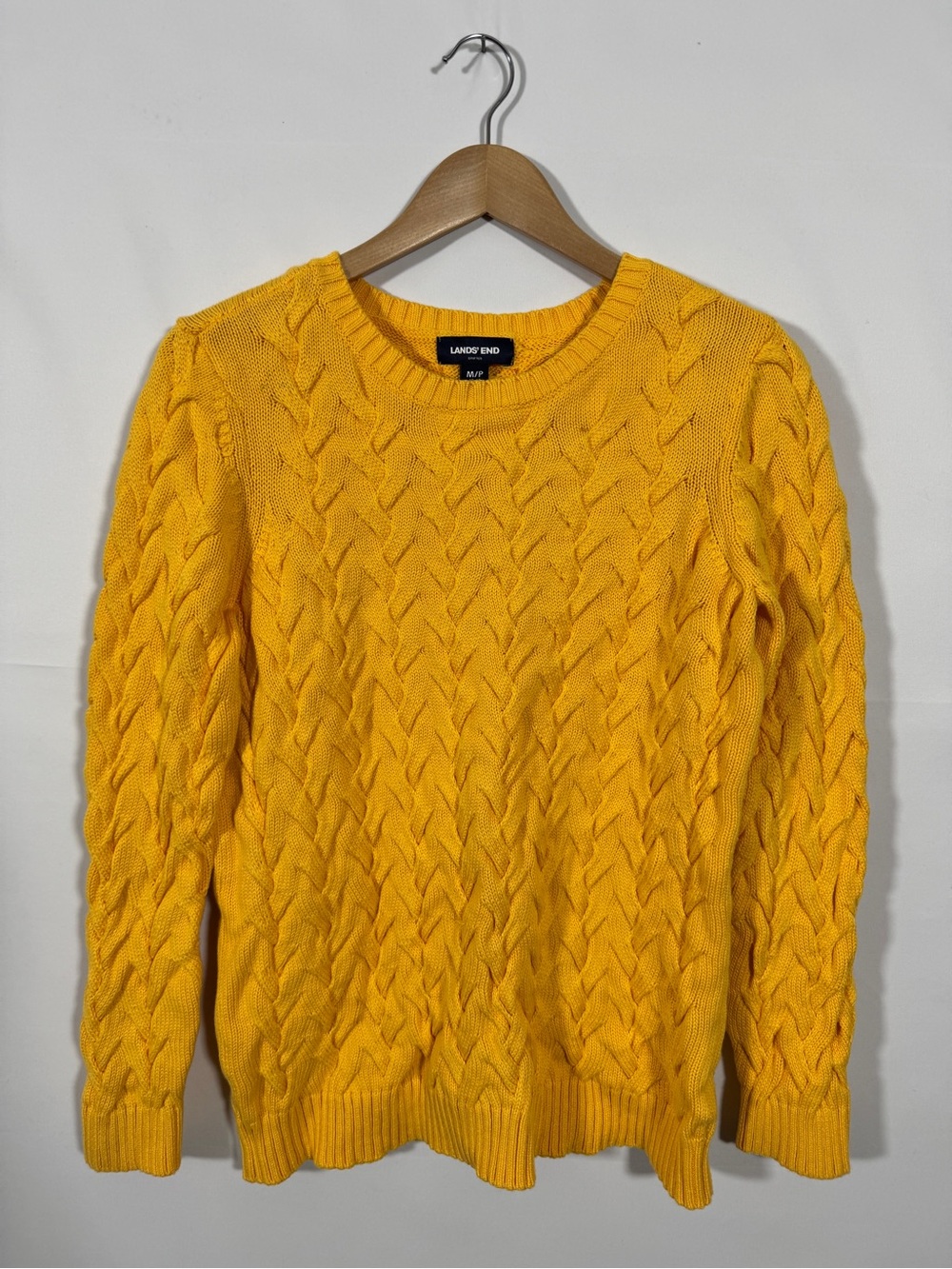 WSW1 {Lands' End} "Drifter" Cable Knit Crewneck Goldenrod Yellow Sweater